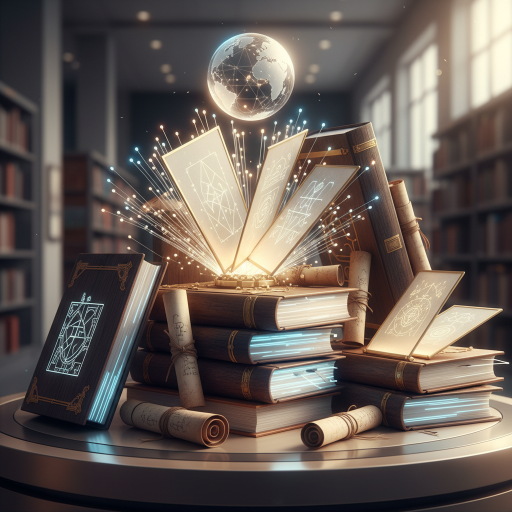 Reihe von stilisierten Büchern oder Dokumenten, die Wissen und Bildung symbolisieren.