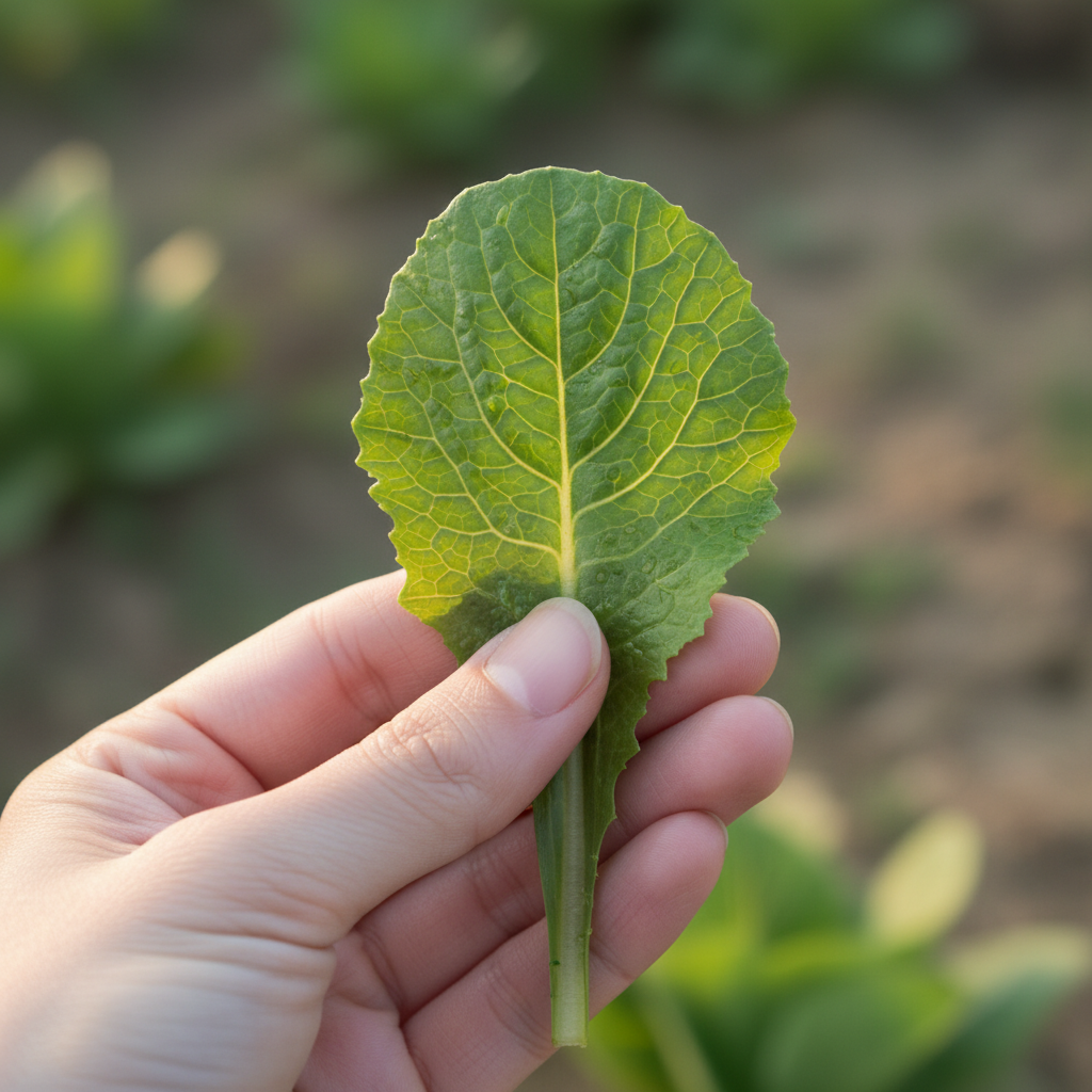 Nahaufnahme einer Hand, die vorsichtig ein frisches Blatt Gemüse hält, Fokus auf Achtsamkeit.