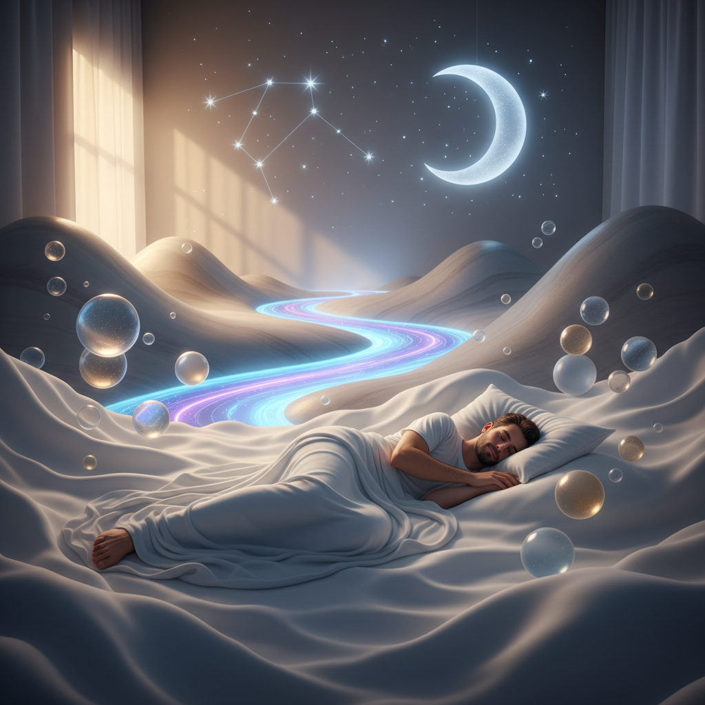 Stilisierte Ansicht eines schlafenden Mannes in ruhiger Umgebung, symbolisiert tiefe Erholung.