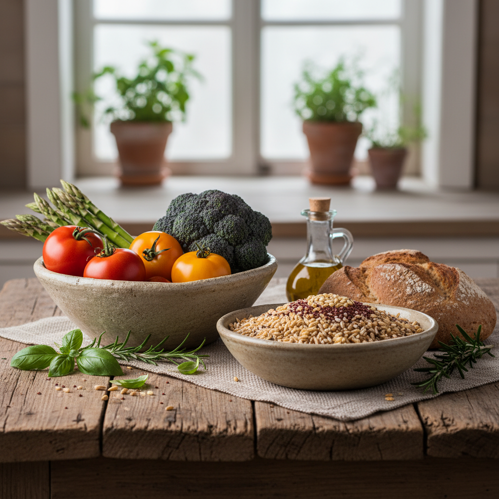 Ästhetische Komposition von frischem Gemüse und Getreide in rustikalen Schalen.