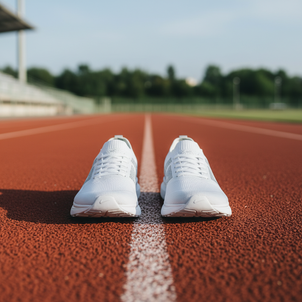 Minimalistische Ansicht von Sportschuhen auf einer Laufbahn mit verschwommenem Hintergrund.